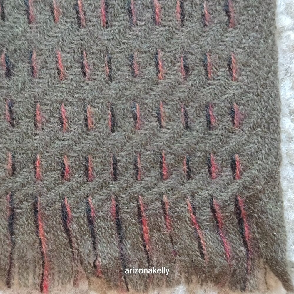 NWOT Cashmere Woven Scarf Olive Green With Black + Orange Weave Detail - Picture 2 of 16